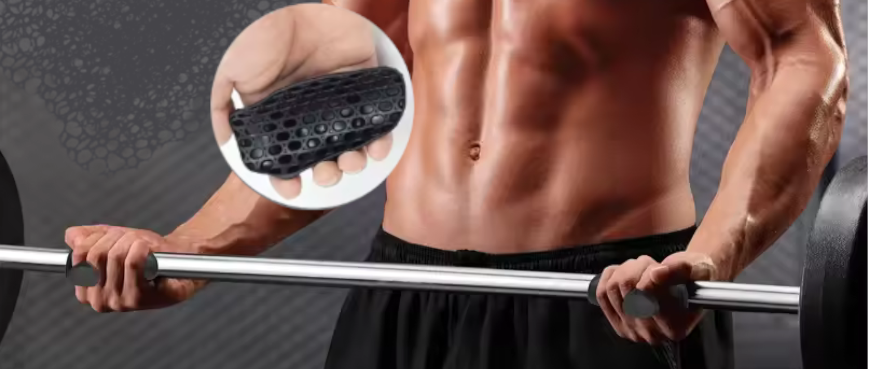 Muscular person holding a barbell with close-up of a textured object.